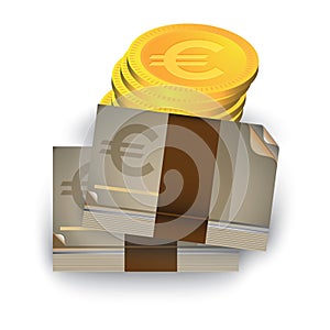 Euro currency notes and coins. Vector illustration decorative design