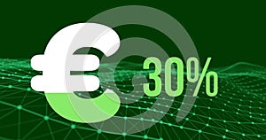 Euro currency symbol and increasing percentage against digital wave on green background