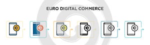 Euro digital commerce sign on tablet screen vector icon in 6 different modern styles. Black, two colored euro digital commerce