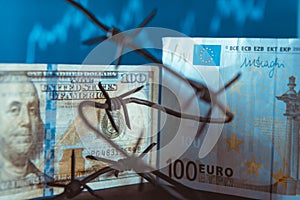 Euro Dollar Conflicts, banknote Dollar and banknote Euro, Euro vs Dollar with barbed wire, Economic crisis