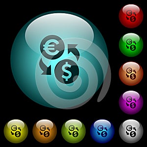 Euro Dollar money exchange icons in color illuminated glass buttons