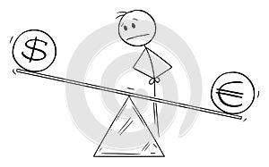 Euro and Dollar Parity , Vector Cartoon Stick Figure Illustration