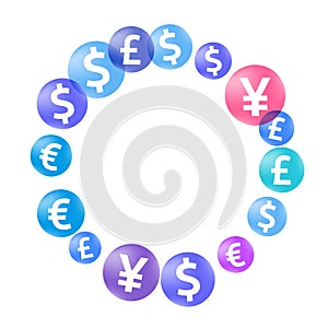 Euro dollar pound yen circle signs flying money vector design. Payment backdrop. Currency
