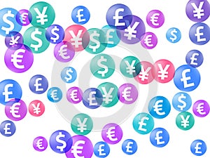 Euro dollar pound yen circle signs scatter currency vector design. Marketing backdrop. Currency