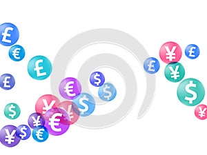 Euro dollar pound yen circle symbols flying currency vector illustration. Investment pattern.