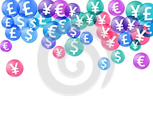 Euro dollar pound yen circle symbols flying money vector illustration. Marketing concept. Currency