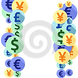 Euro dollar pound yen round icons flying money vector background. Business backdrop. Currency