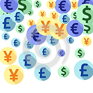 Euro dollar pound yen round signs scatter currency vector design. Financial backdrop. Currency