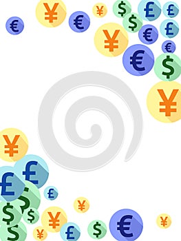 Euro dollar pound yen round symbols flying money vector background. Income concept. Currency
