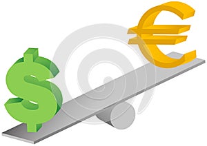 Euro and dollar symbols on seesaw illustration