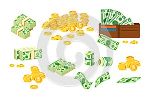 Euro and dollars money banknotes and coins. Bag of gold coins, money tree with bills, suitcase of money and wallet with paper