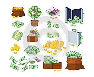 Euro and dollars money banknotes and coins. Bag of gold coins, money tree with bills, suitcase of money and wallet with paper