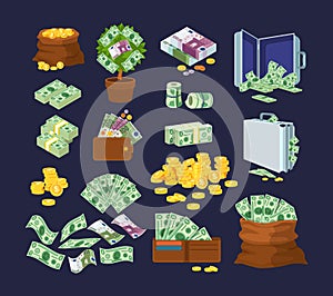 Euro and dollars money banknotes and coins. Bag of gold coins, money tree with bills, suitcase of money and wallet with paper