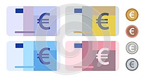 Euro Europe Union EU bank notes currency icon set collection paper money and coin