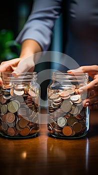 Euro filled jar expands with cent infusion  woman includes paper bill contribution
