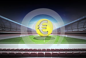 Euro golden coin in midfield of magic football stadium