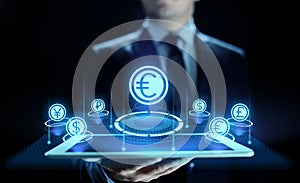 Euro icon on screen. Currency trading Exchange rate Forex business concept.