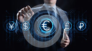 Euro icon on screen. Currency trading Exchange rate Forex business concept.