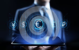 Euro icon on screen. Currency trading Exchange rate Forex business concept.