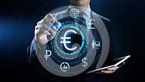 Euro icon on screen. Currency trading Exchange rate Forex business concept.