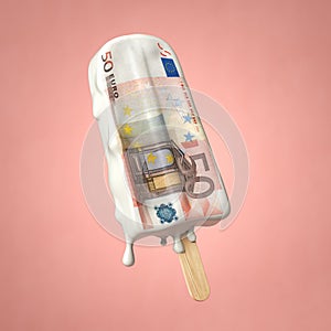 Euro inflation and depreciation concept. Melting ice cream with a euro bill photo