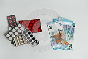 Euro and medicine on a white background