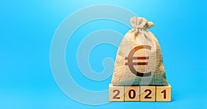Euro money bag and blocks 2021. Budget planning for next year. Beginning of new decade. Revenues expenses, investment