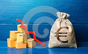 Euro money bag with boxes and down arrow. Income decrease, slowdown and decline of economy. Low sales. Production decline. Reduced