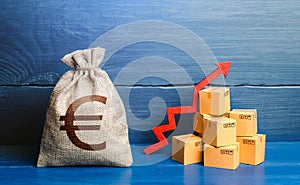 Euro money bag with boxes and up arrow. Good consumer sentiment and demand for goods. High sales. Production rise. Growing