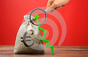 Euro money bag and green up arrow. The concept of a successful business. Increase profits and capital. Budget and income growth. photo