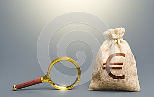 Euro money bag and magnifying glass. Financial audit. Origin of capital and legality of funds. Find high-paying job. Most