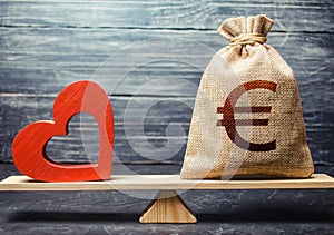 Euro money bag and red heart on scales. Health life insurance financing concept. Subsidies. Funding healthcare system. Reforming photo