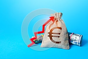 Euro money bag and red up arrow. Economic growth, GDP. Rise in profits, budget fees. Investments. Increase in the deposit rate.