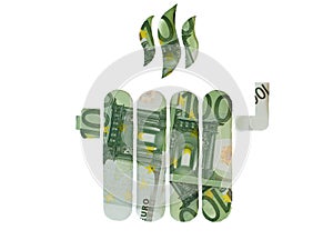 100 Euro money banknotes in shape of heating radiator battery. Concept of expensive heating costs and rising energy bill