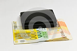 Euro money banknotes and wallet. isolated