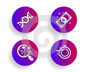 Euro money, Chemistry dna and Search flight icons set. Fast recovery sign. Vector