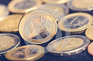 Euro money. Coins are on a dark background. Currency of Europe. Balance of money.