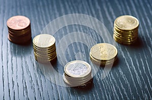 Euro money. Coins are on a dark background. Currency of Europe. Balance of money. Building from coins. Coins of different