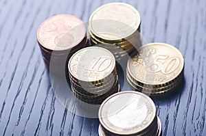 Euro money. Coins are on a dark background. Currency of Europe. Balance of money. Building from coins. Coins of different