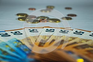 Euro money, euro cash background with coins, Money Ban.