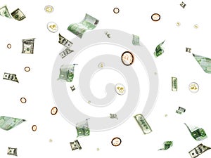 Euro money falling cash. European banknotes Dollars, Bitcoins isolated on white background