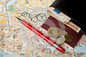 Euro money passport Map and red pen