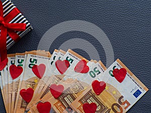 Euro money and red hearts for background