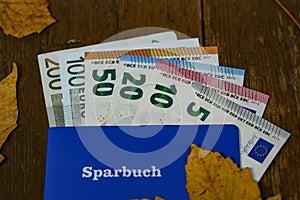 Euro money in a savings book on a table