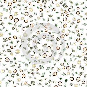 Euro money seamless pattern falling cash. European banknotes Dollars, Bitcoins isolated on white background