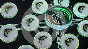 Euro money symbol. European cryptocurrency exchange concept 3d animation.