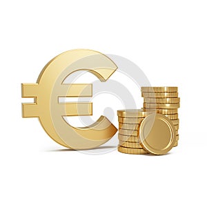 Euro money symbol next to Stack of gold coins on a isolated background. Currency exchange