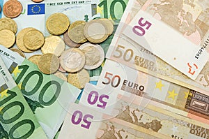 Euro notes and coins. Financial background.