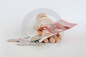 Euro notes and coins in wooden hand-9