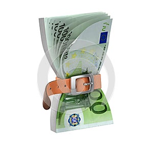 Euro notes with tighten belt - european financial crisis 3d concept